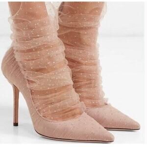 Jimmy Choo Lavish 100 Ruched Glitter Mesh Tulle Bow Heels Ballet Pink Size 39.5